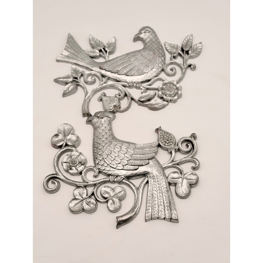 Vintage Silver Cast Metal Bird Wall Art Set of 2 MCM Regency Floral Decor
